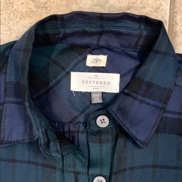 Loft Softened Bl/Gn Plaid Half Button Up Top XS - Picture 2 of 7